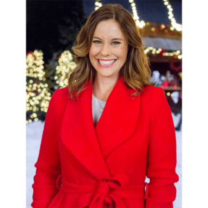 Allie shaw Christmas in red suede leather coat front view