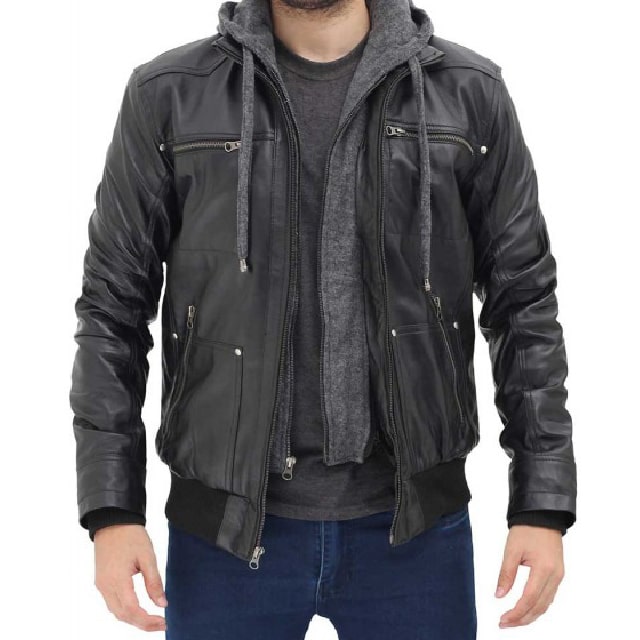black biker mens leather jacket with hood