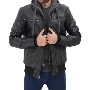 black biker mens leather jacket with hood