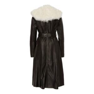 Black boose belted shearling trimmed trench leather coat back