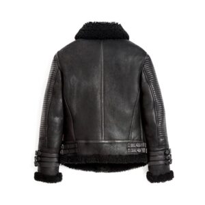 Black parka winter shearling leather fur coat back