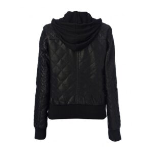 black quilted hooded leather jacket back