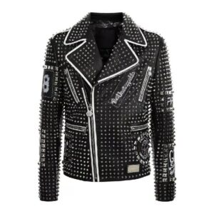 Black studded patches leather jacket white contrast zipper biker