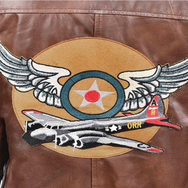 Brie Larson flight aviator brown bomber jacket emblem