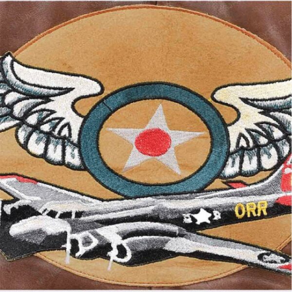 Brie Larson flight aviator brown bomber jacket logo