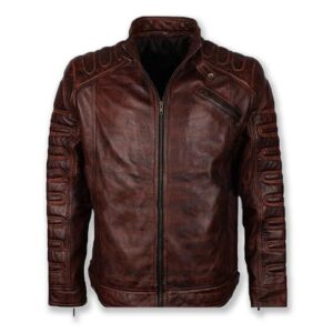 Burgundy maroon leather stitched designed biker jacket
