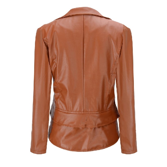 Chic lapel zipper up slim fit womens brown leather jacket back