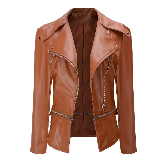 Chic lapel zipper up slim fit womens brown leather jacket