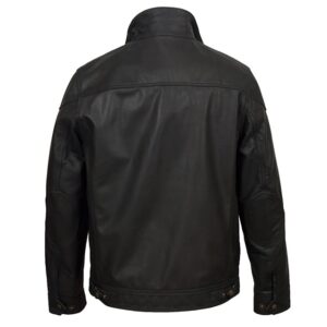 Classic sheepskin mens leather- tan trucker jacket back