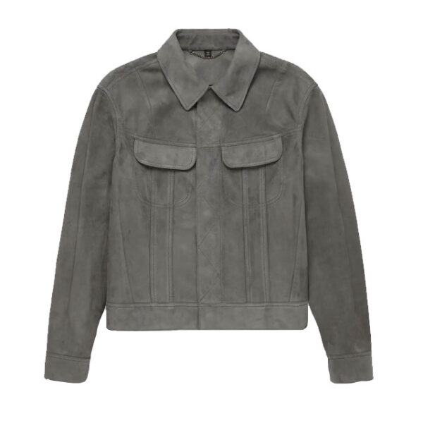 Gray slim fit suede trucker leather jacket