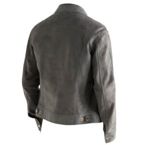 Gray slim fit suede trucker leather jacket back