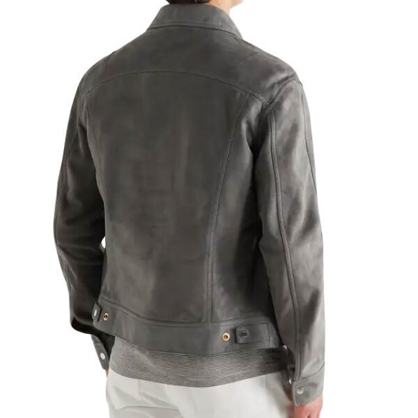 Gray slim fit suede trucker leather jacket backside