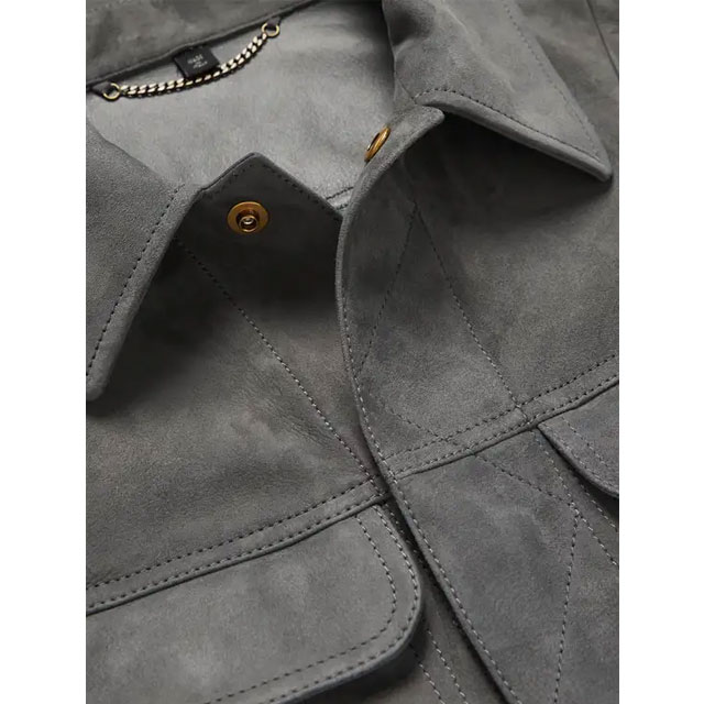 Gray slim fit suede trucker leather jacket collar