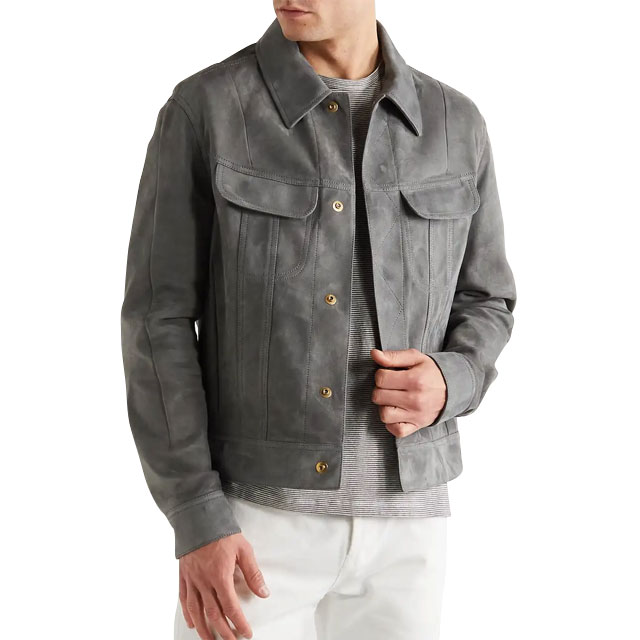 Gray slim fit suede trucker leather jacket front