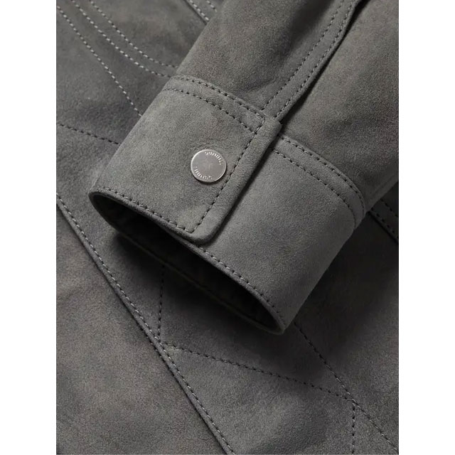 Gray slim fit suede trucker leather jacket sleeve