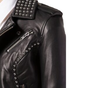 hand crafted silver studded biker leather jacket side