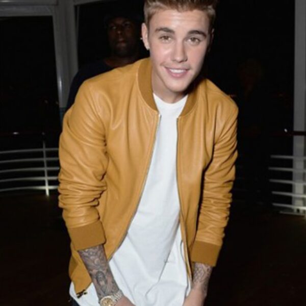 Justin Bieber mustard bomber jacket front banner