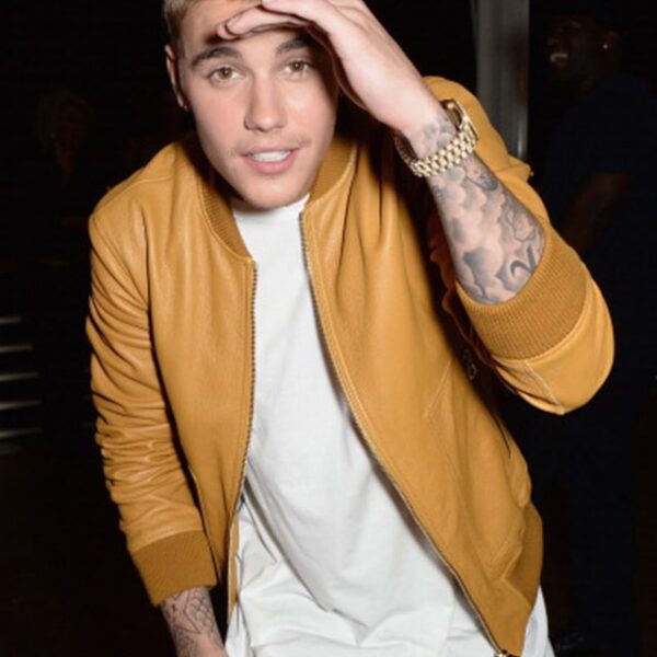 Justin Bieber mustard bomber jacket banner