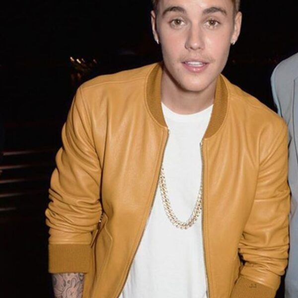 Justin Bieber mustard bomber jacket