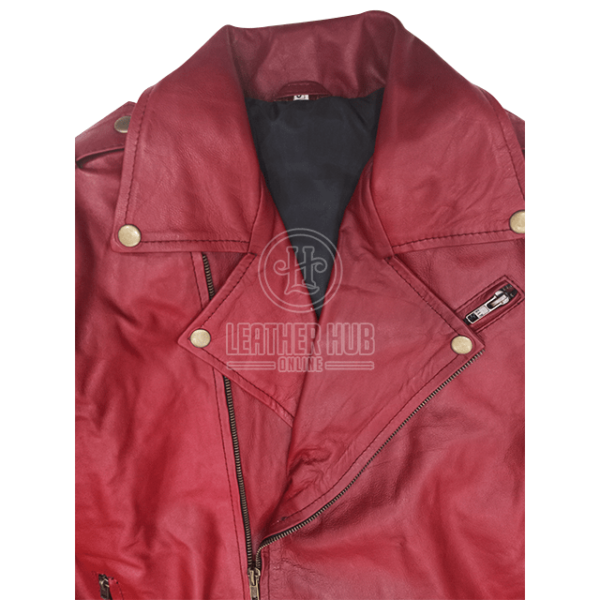 LHO biker classic quilted maroon moto racer leather jacket collar