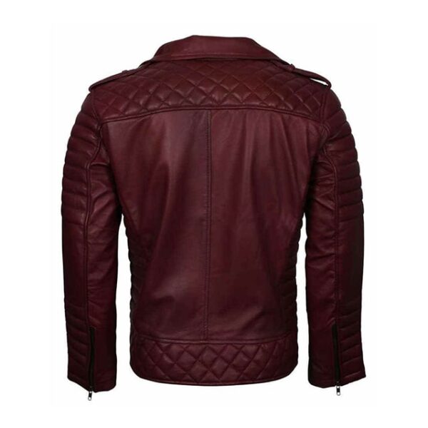Mens biker classic quilted maroon moto racer leather jacket back