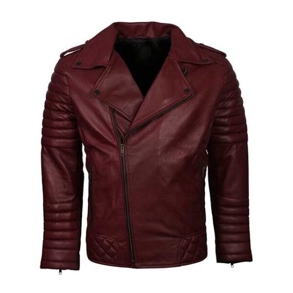 Mens biker classic quilted maroon moto racer leather jacket