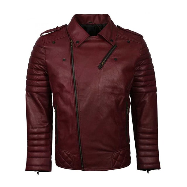 Mens biker classic quilted maroon moto racer leather jacket front