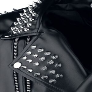 Men black studded biker leather jacket collar close view