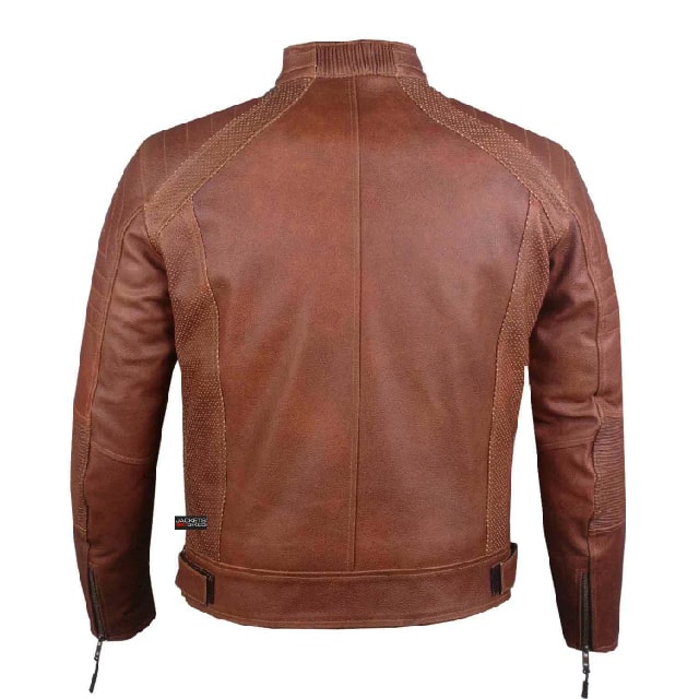 Men heavy duty distress brown leather motorcycle cafe racer ce armor jacket back