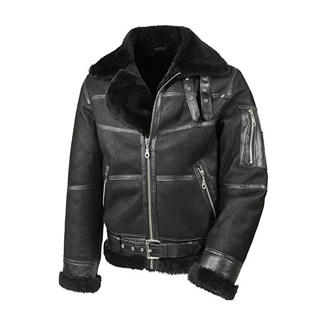 Mens black aviator sheepskin shearling leather jacket