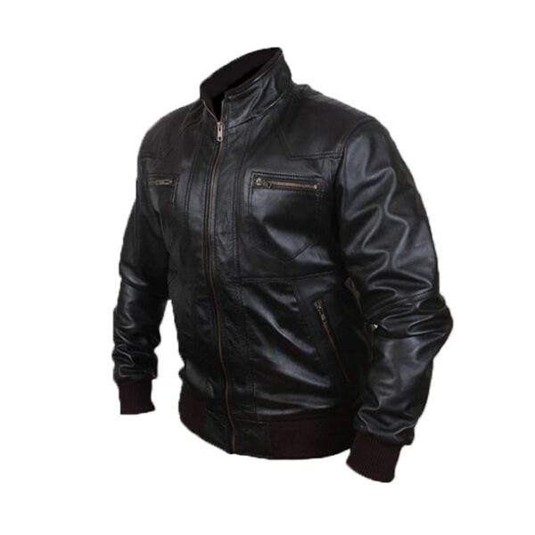 mens black biker style bomber leather jacket side