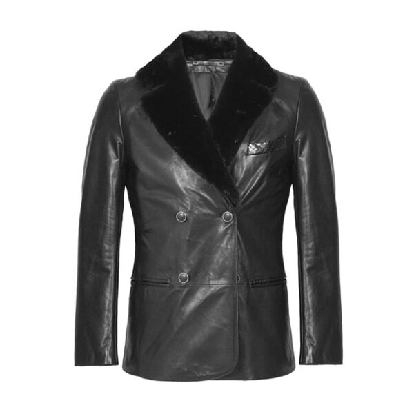 Mens black shearling trimmed double breasted leather coat