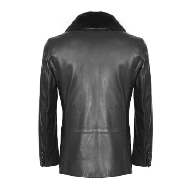 Mens black shearling trimmed double breasted leather coat back