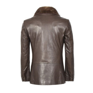 Mens brown shearling trimmed double breasted leather coat back