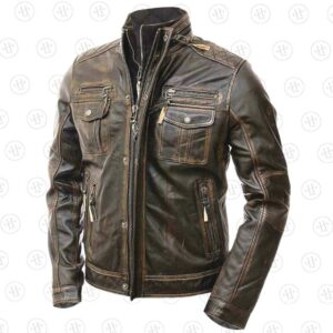 Mens cafe racer distressed brown leather jacket side view