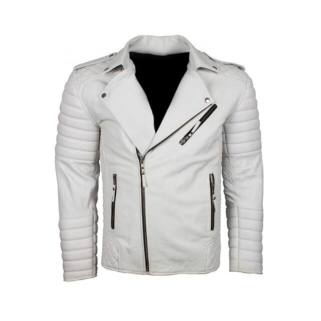 Mens classic brando biker white motorcycle leather jacket front