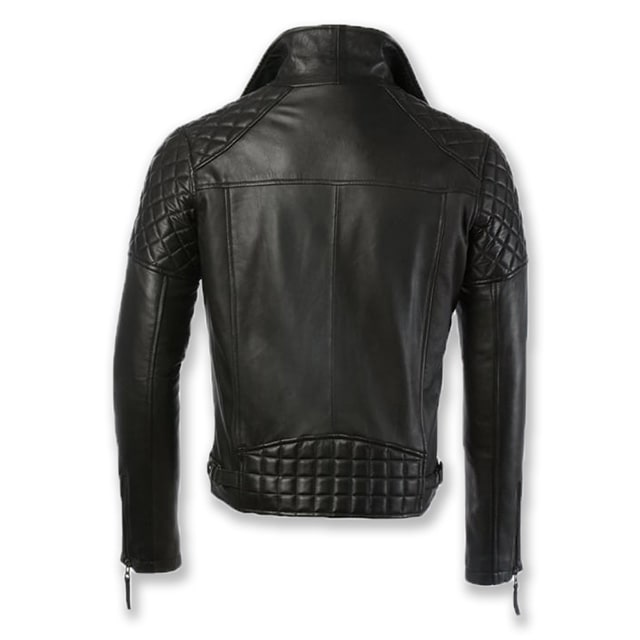 Mens jet black lamb wash quilted motorcycle leather jacket back