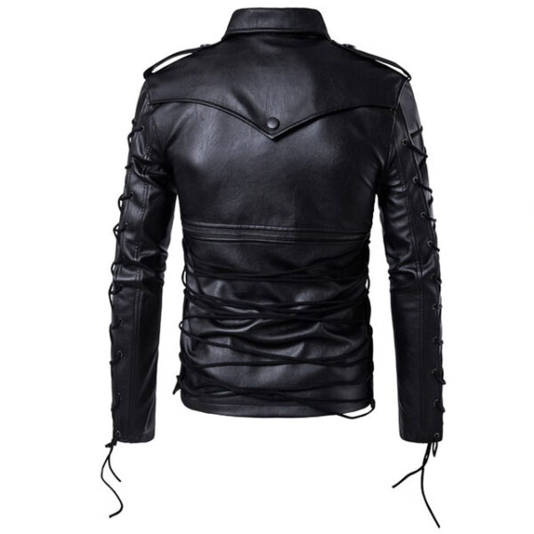 Mens lace up slim fitted multi zipper biker black leather jacket sennit design back