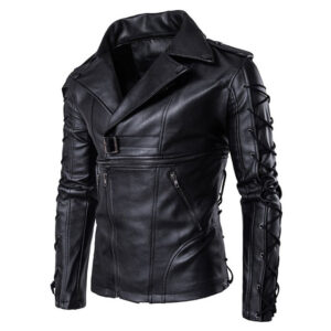 Mens lace up slim fitted multi zipper biker black leather jacket sennit design side