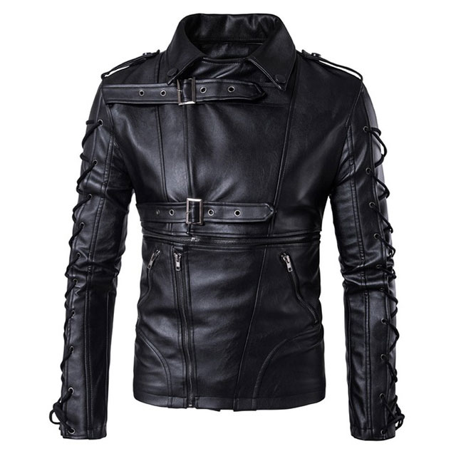 Mens lace up slim fitted multi zipper biker black leather jacket