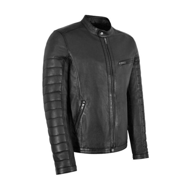 Mens motorcycle genuine lambskin cafe racer black leather jacket side