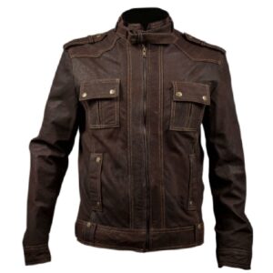Mens slim fit stone washed brown leather biker jacket front