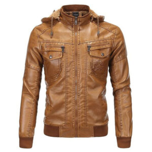 Mens vintage motorcycle biker hooded brown leather jacket