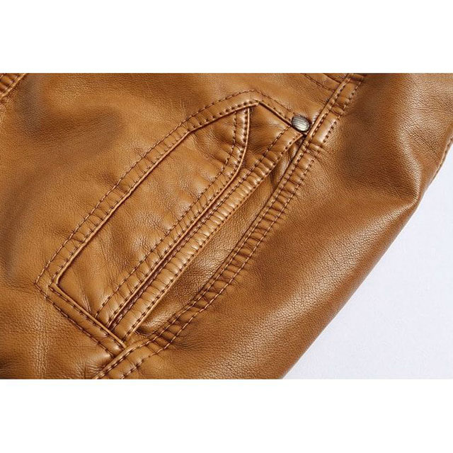 Mens vintage motorcycle biker hooded brown leather jacket pocket view