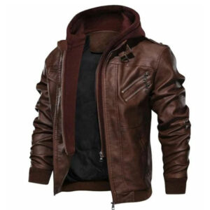 Mens vintage removable hooded biker leather jackets men bomber outwear
