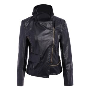 Mid night asymmetric slim fit black leather jacket