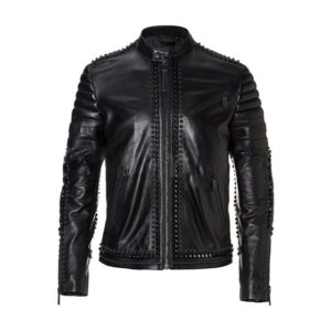 New mens black full heavy metal spiked studded leather jacket