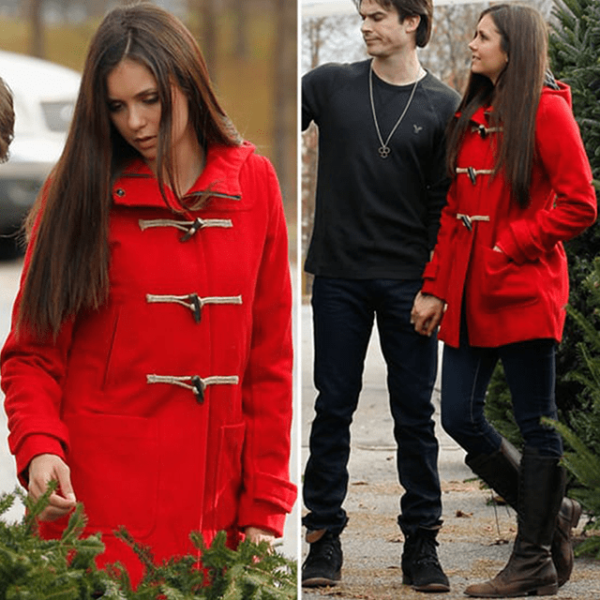 Nina dobrev love hard Christmas red coat banner