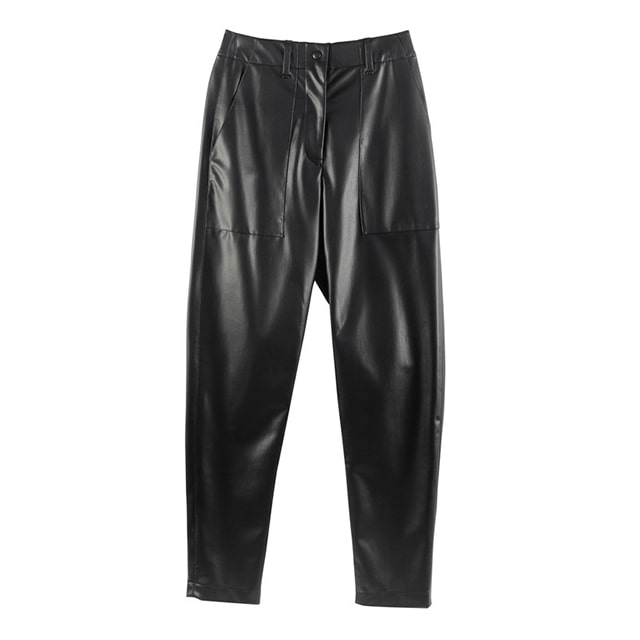 Paperbag waist tapered women black leather pants