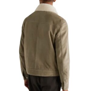 Shearling trimmed suede trucker jacket back view